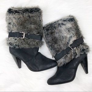 IMPO faux fur buckle black heeled boots NWOT